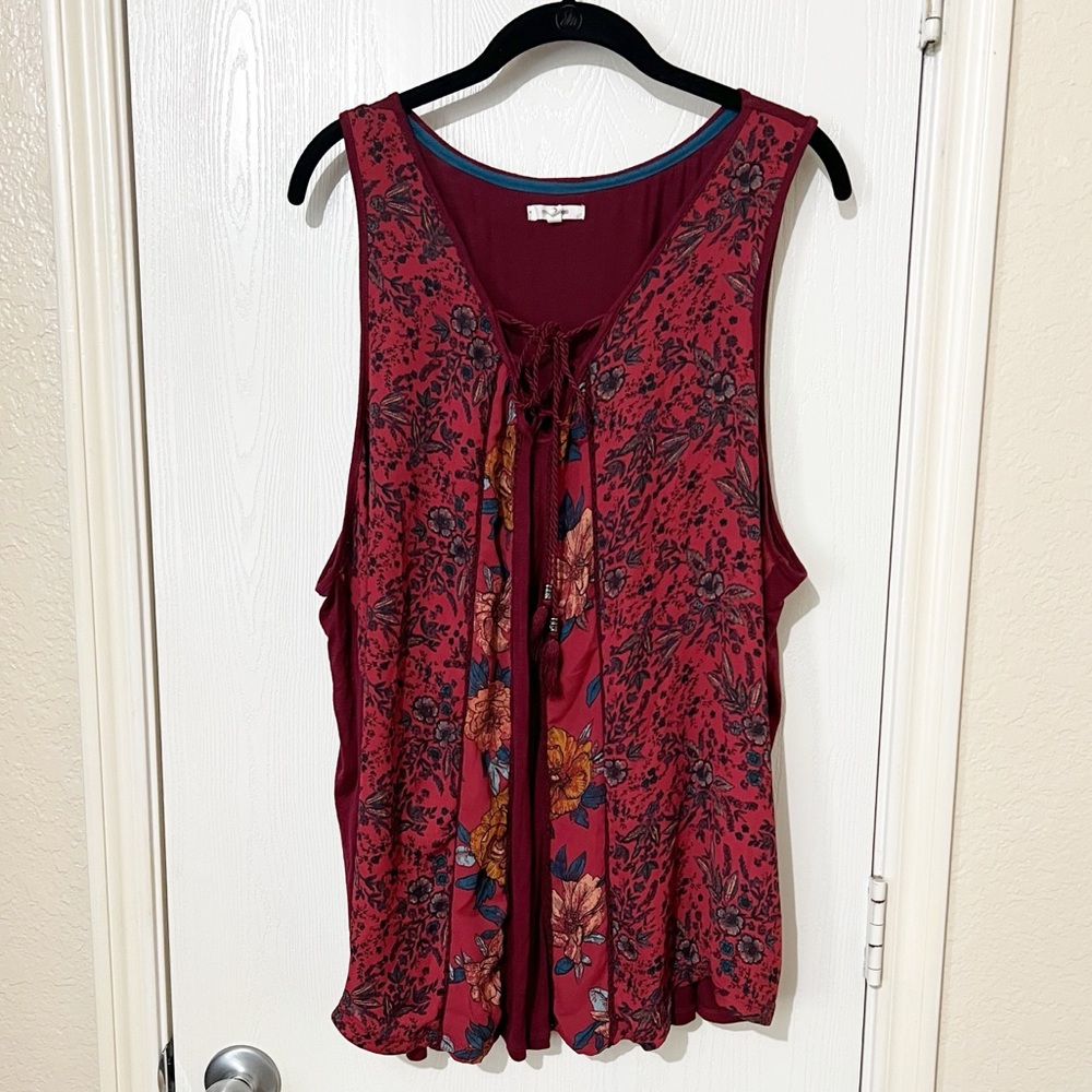 [Maurices] Burgundy Mixed Print Mixed Media Sleeveless Top Beachy Cottagecore 3X - Picture 2 of 9